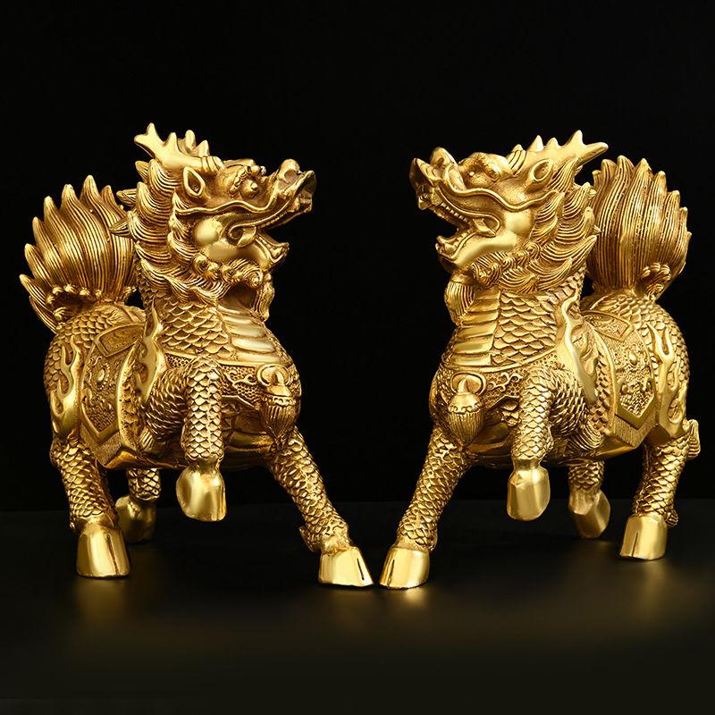 1pair Copper Unicorn Ornaments Male and Female Auspicious Home Office Desktop Decor