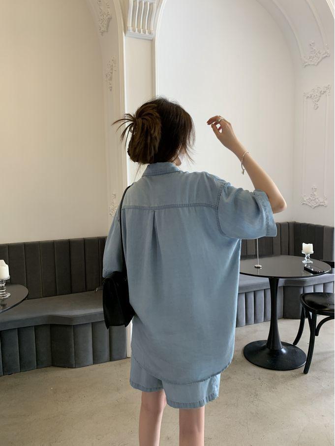 Tencel Denim Two-Piece Set: Women's Short-Sleeve Shirt & Shorts, Summer 2025 Style