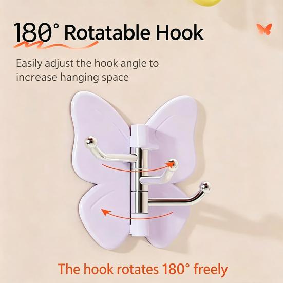 4PCS Butterfly Rotating Self Adhesive Hook, 3-Hook 270 Swivel Design, No Drill Wall Mount Storage Hooks, for Hanging Towels Keys Bags Hats