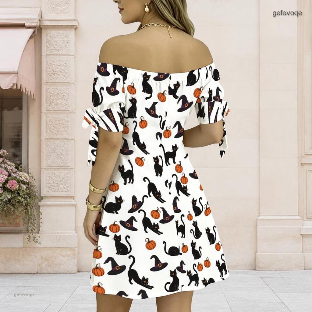Women Plus Size White Off Shoulder Short Sleeve Tie Cuff Printed A Line Dress