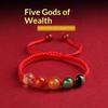 Five Wealth Gods Feng Shui Lucky Red String Bracelet Glass Beads Adjustable for Adult Daily Wear Housewarming Gift