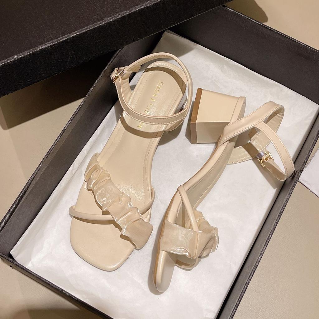 One-word Buckle with Square Heel Fashion Sandals 2025 Summer New Casual Simple Solid Color Square Head Open-toed High Heels Women