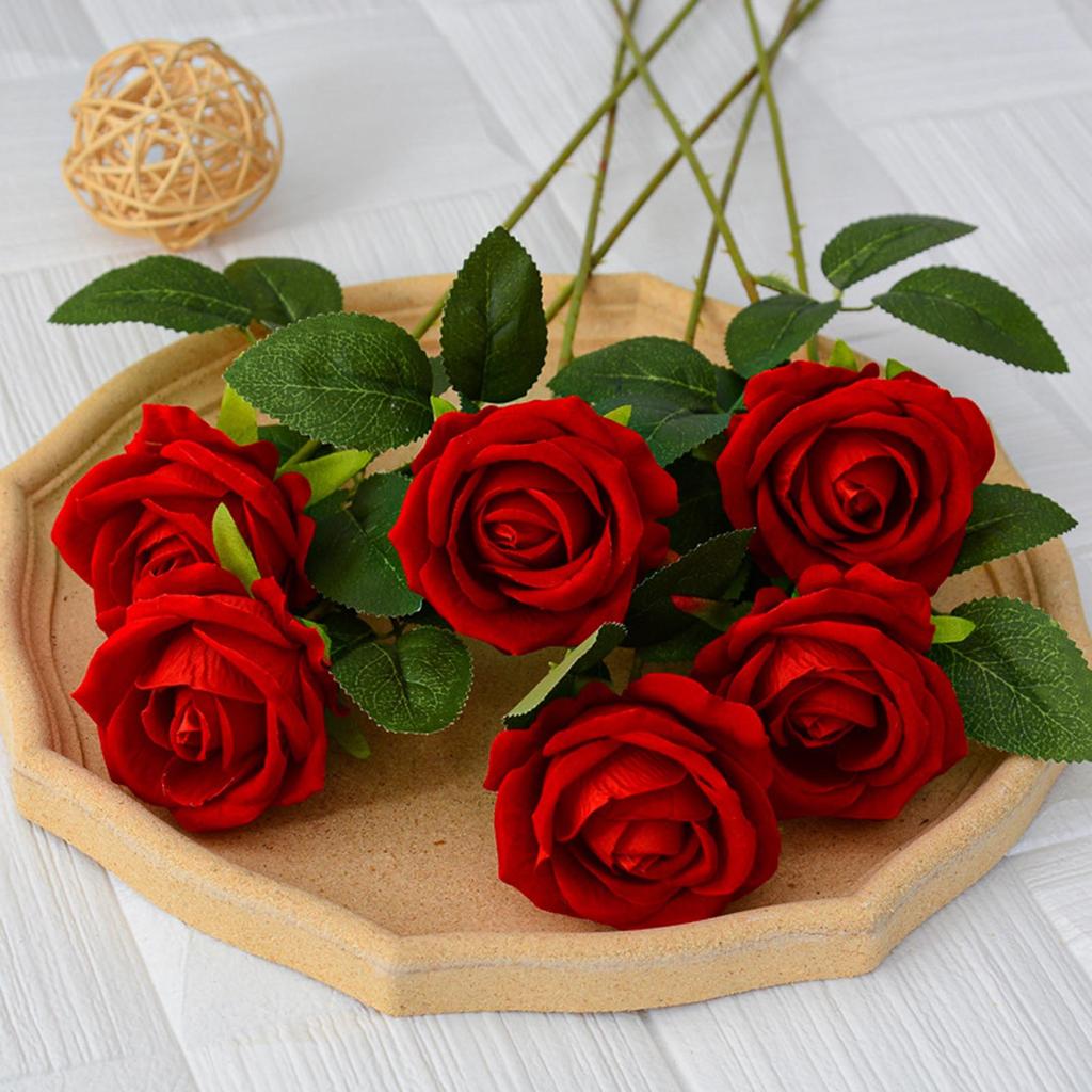 15PCS Red Velvet Roses Artificial Wedding Flowers Valentine's Day Gift Flannel Simulation Floral Romantic Decor Party Decoration