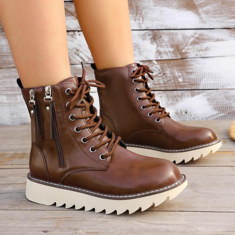 

Low Heel Booties Fashion Round Toe Side Zip Lace-Up Soft Sole Non-Slip Leather Shoes 43 коричневий