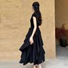 French Hepburn Style Long Dress Women's Summer New Waist and Thin Design Irregular Skirt Black Dress Women