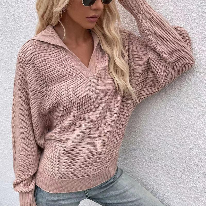IHUASU Podzimní a zimní rukáv Volný Jednobarevný Svetr s dlouhým rukávem Dámský svetr s výstřihem do V