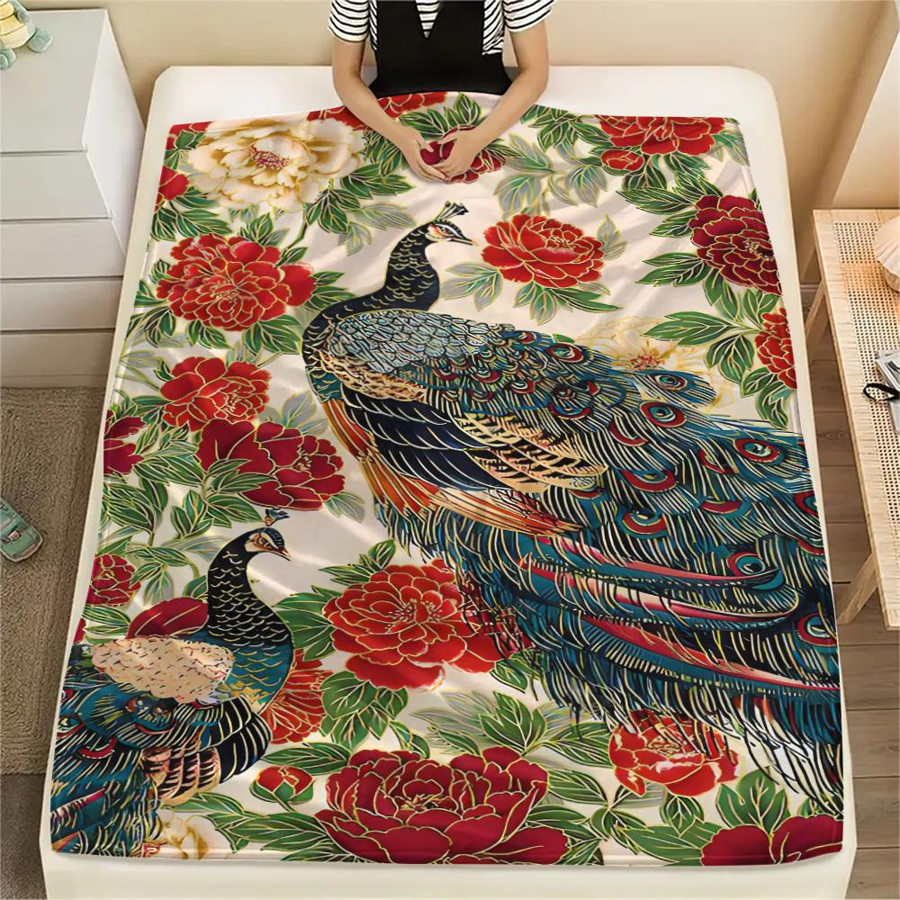 1Pc Goldfish Peacocks Print Flannel Blanket, High quality Comfortable for All Seasons, Home Decor, Warmth and Comfort, Perfect for Christmas Gifts