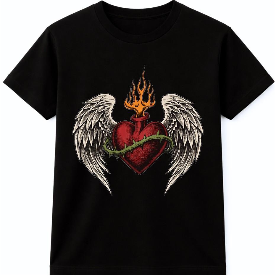 Flaming Heart T Shirt Angel Wings Tattoo Style Biker Gothic Graphic Tee