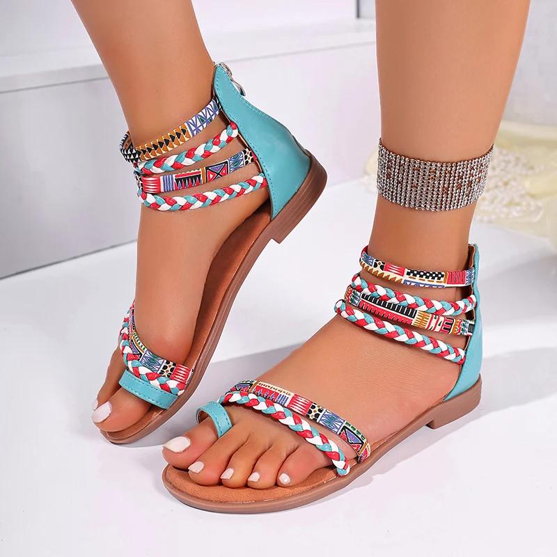 Fashion Braided Ankle Strap Roman Sandals for Women Summer 2025 Bohemian Printed Flat Sandals Woman Plus Size Casual Outdoor Beach Shoes