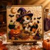 Creative Gifts for Cat Lovers Halloween Witch Hat DIY 3D Pearl Painting Kit with Frame Hand-Pasted Art Craft Adults Relaxing Decorative Wall Hanging