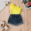 Girls Asymmetric Ruffle Cami + Printed Denim Shorts Two-Piece Set