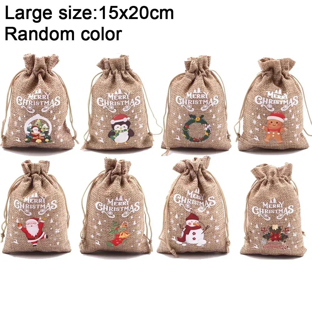 1/30pcs Mini Christmas Drawstring Gift Bags Linen Santa Claus Elk Candy Biscuit Storage Bags Kids New Year Party Packaging Pouch