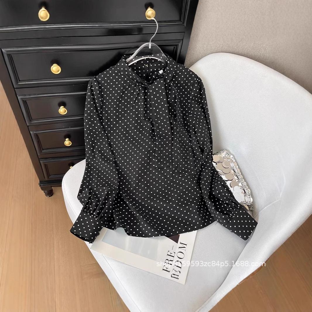 

French retro polka dot bow streamer shirt women s 2025 early spring new sweet loose long-sleeved versatile top M [Recommended below 50kg] чорний