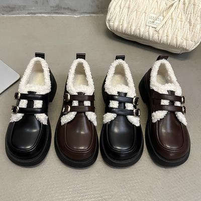 Fashion British Style Leather Shoes for Girls Winter 2024 Thick Soled Lamb Wool Warm Uniform School Cotton Shoes Plush PU Woman