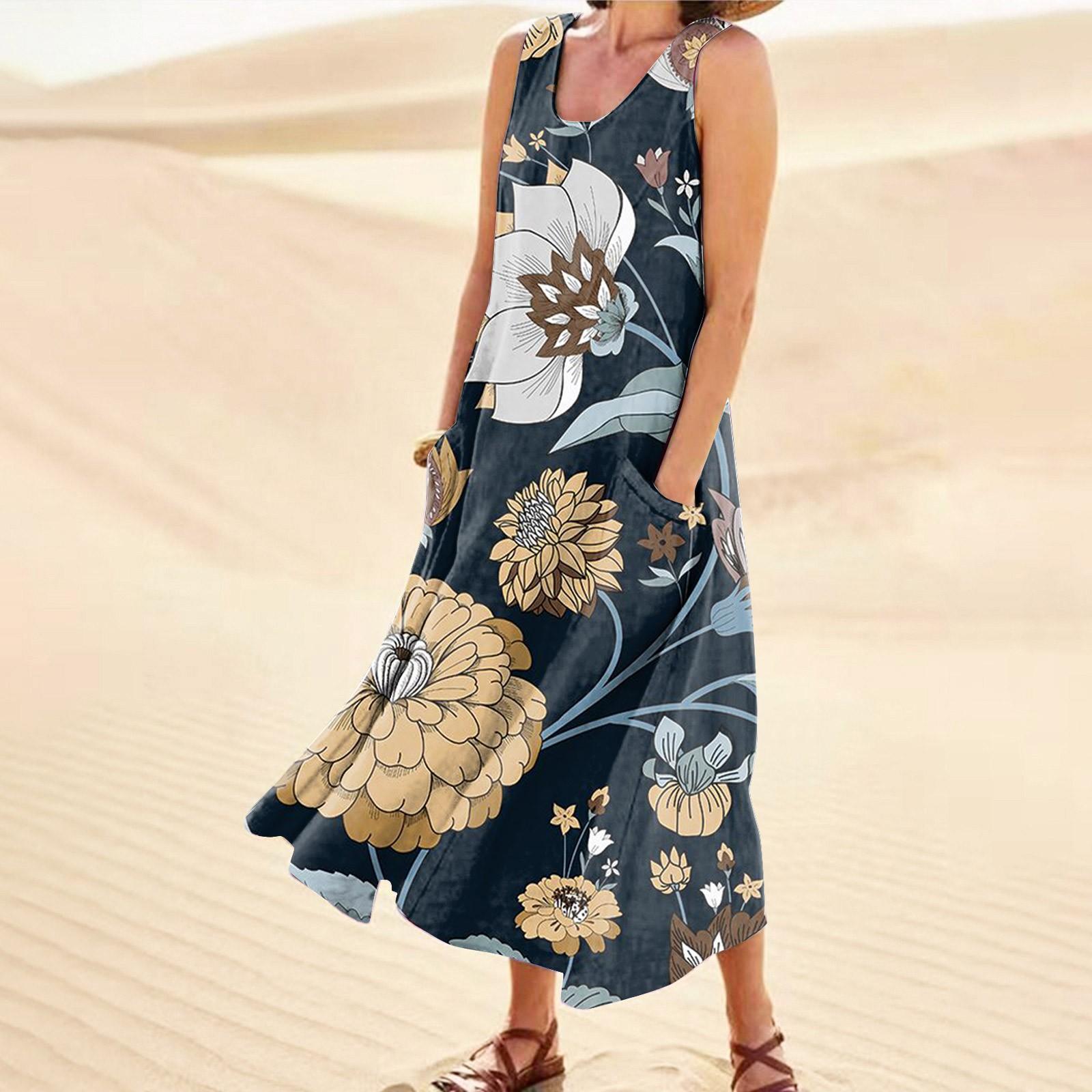 

Летнее платье для женщин, повседневное удобное хлопковое платье без рукавов с принтом и карманом
