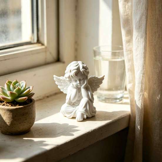 Holding Chin Angel Statue 3D Printed Retro Figurine, Guardian Statue, Winged Figurine Matte White Sculpture for Home Office Desk Decor