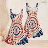 Women Plus Size Spaghetti Strap Off Shoulder Dress Tie Dye Mandala Patriotic Print Swing Dress