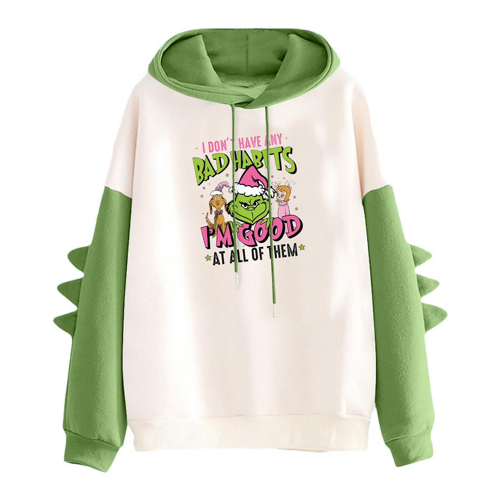 Women's Christmas Printed Contrasting Dinosaur Loose Casual Hoodie
