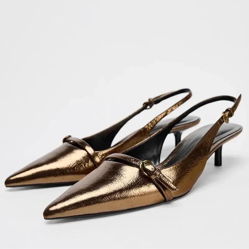 Fashion Elegant Kitten Heel Sandals Women Sexy Pointed Toe Gold Copper Heels Luxury Buckle women Pumps Low Heel Slingback Mules Sandal