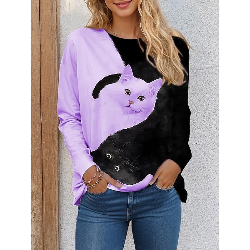 Women's T shirt Tees Color Block Cat Black White Print Long Sleeve Daily Weekend Funny Round Neck Regular Fit Spring