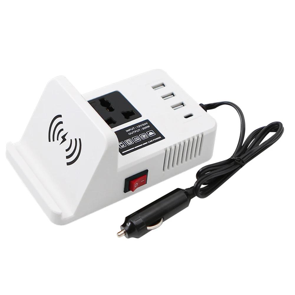 

12V/24V To 220V Car Power Inverter Output with Multiple USB + Type-c Ports and Wireless Charging for Automobile Vehicle Charging білий