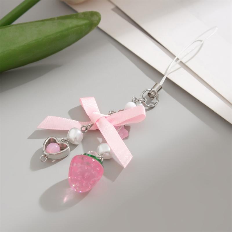 Lovely Strawberry Bowknot Phone Strap Charm Pendant with Star Accents Sturdy Handbag Adornment Craft Supplies for Girls