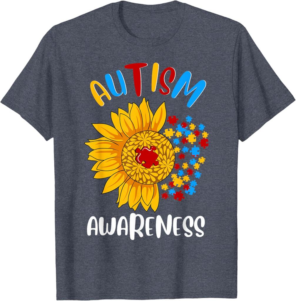Autism Awareness Sunflower Print Cotton Casual Round Neck Short Sleeve T-Shirt Men Women