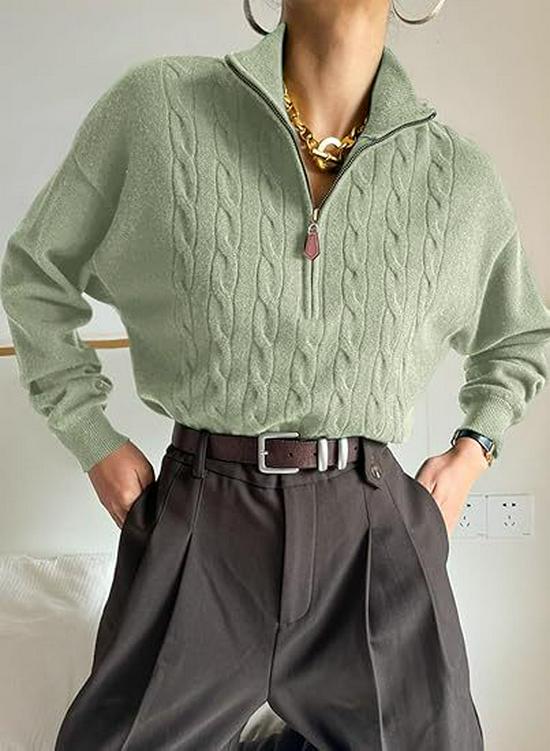 Women's Half-High Collar Zipper Ribbed Knit Pullover Sweater, Short-Sleeve, Loose Fit, 2025 Autumn/Winter Collection.