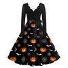 Women Casual V Neck Long Sleeve Dress Halloween Printed Skirt Vintage Style Midi Dress with Belt Fit and Flare Design