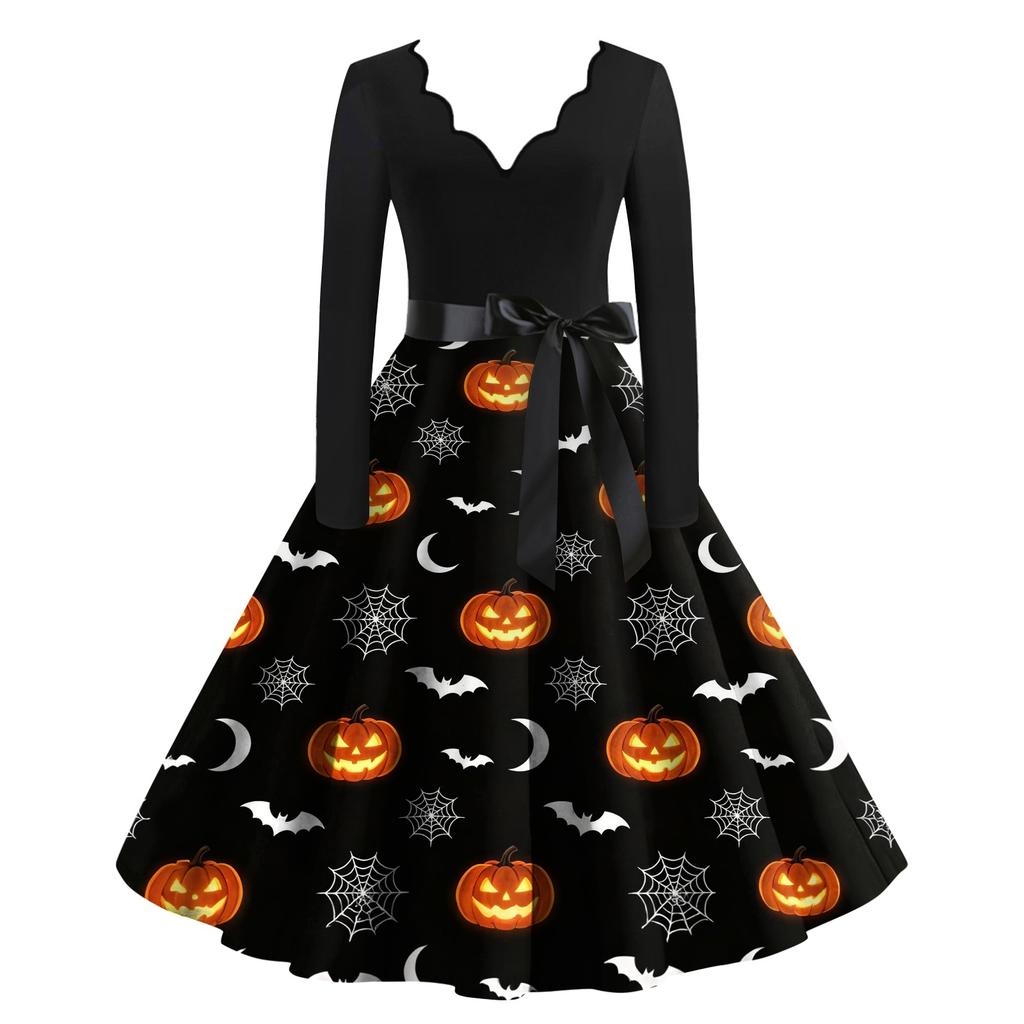 Women Casual V Neck Long Sleeve Dress Halloween Printed Skirt Vintage Style Midi Dress with Belt Fit and Flare Design