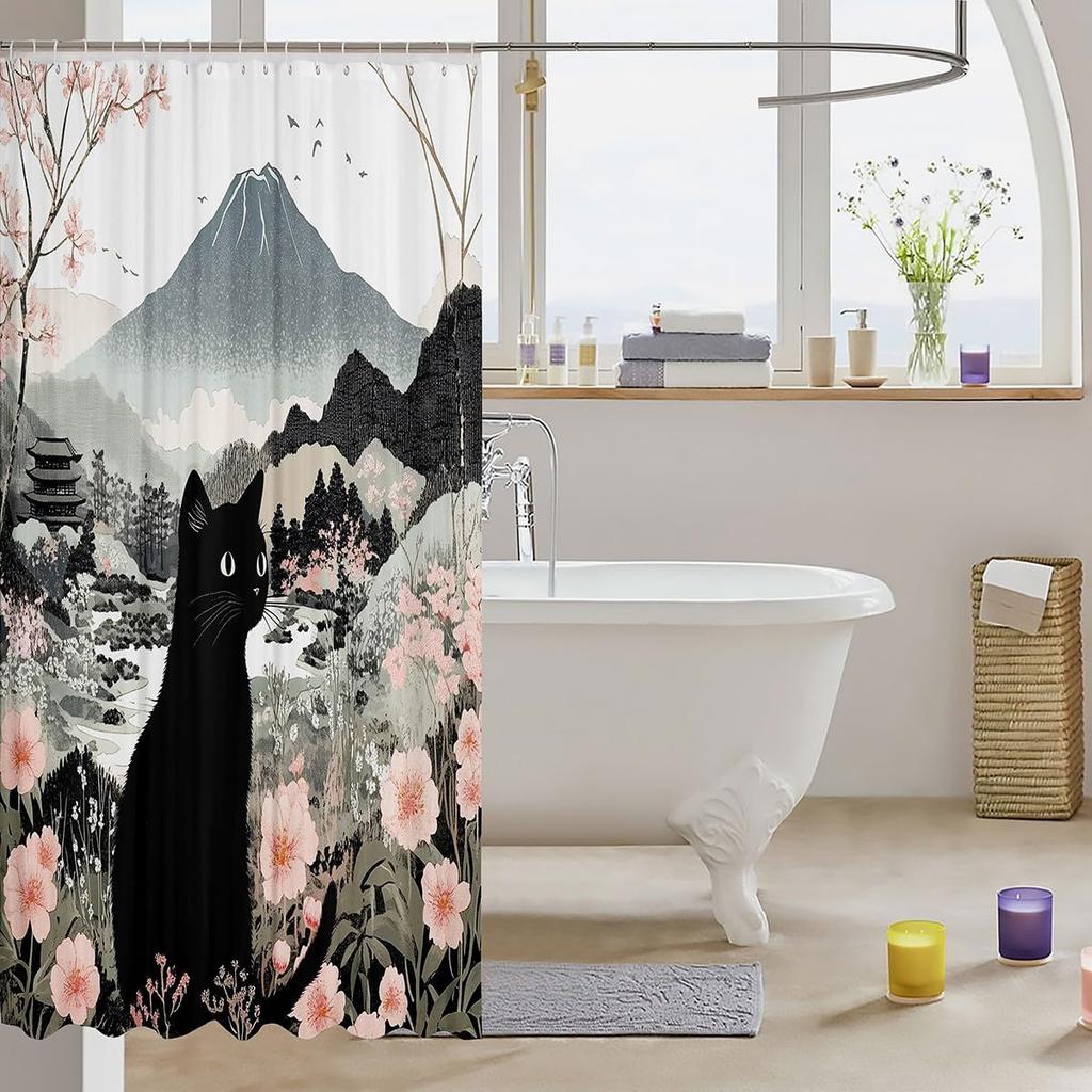 Cartoon Black Cat Shower Curtain Retro Pink Cherry Blossom Wild Flowers Bathroom Curtain Kids Teens Adults Cute Animal Vintage