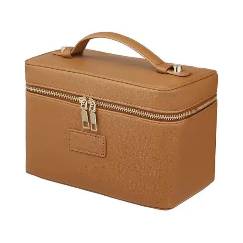 Portable Cross-Grain Leather Cosmetic Bag with Gold Hardware - Makeup and Skincare Travel Organizer