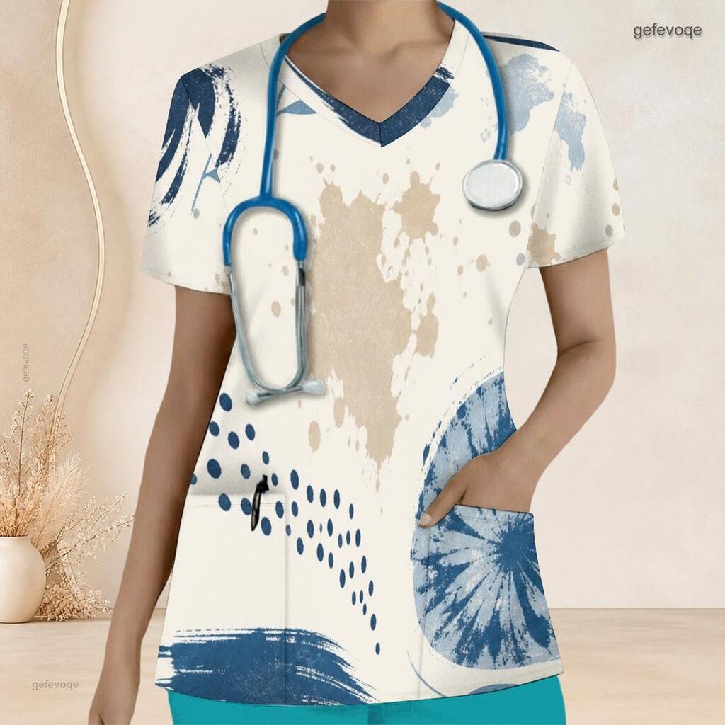 Women Plus Size Nurse Scrub Top V Neck Short Sleeve Abstract Printed Blue Beige With Front Pockets