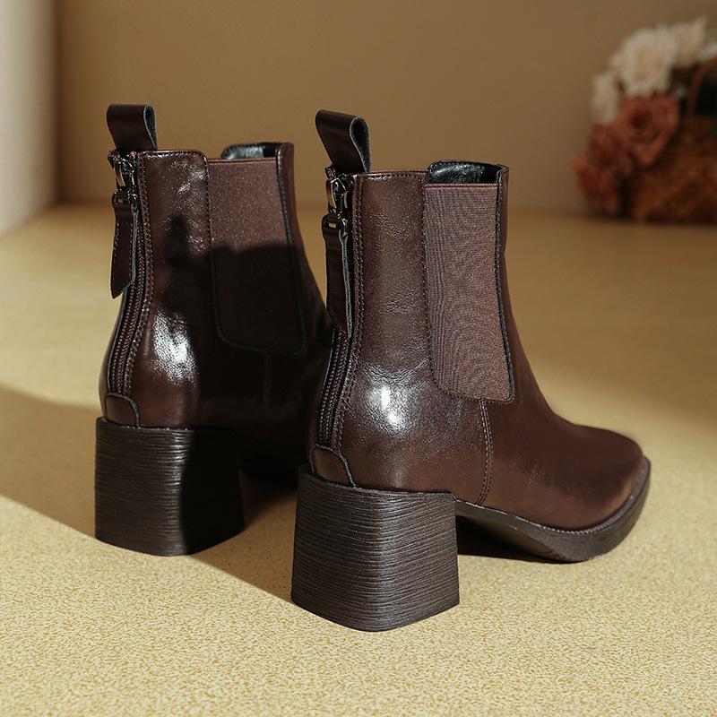 High-heeled Short Boots 2025 Winter New Thick-heeled Brown Boots Women's Medium Boots Fashion Square Head Elastic Women's Leather Boots