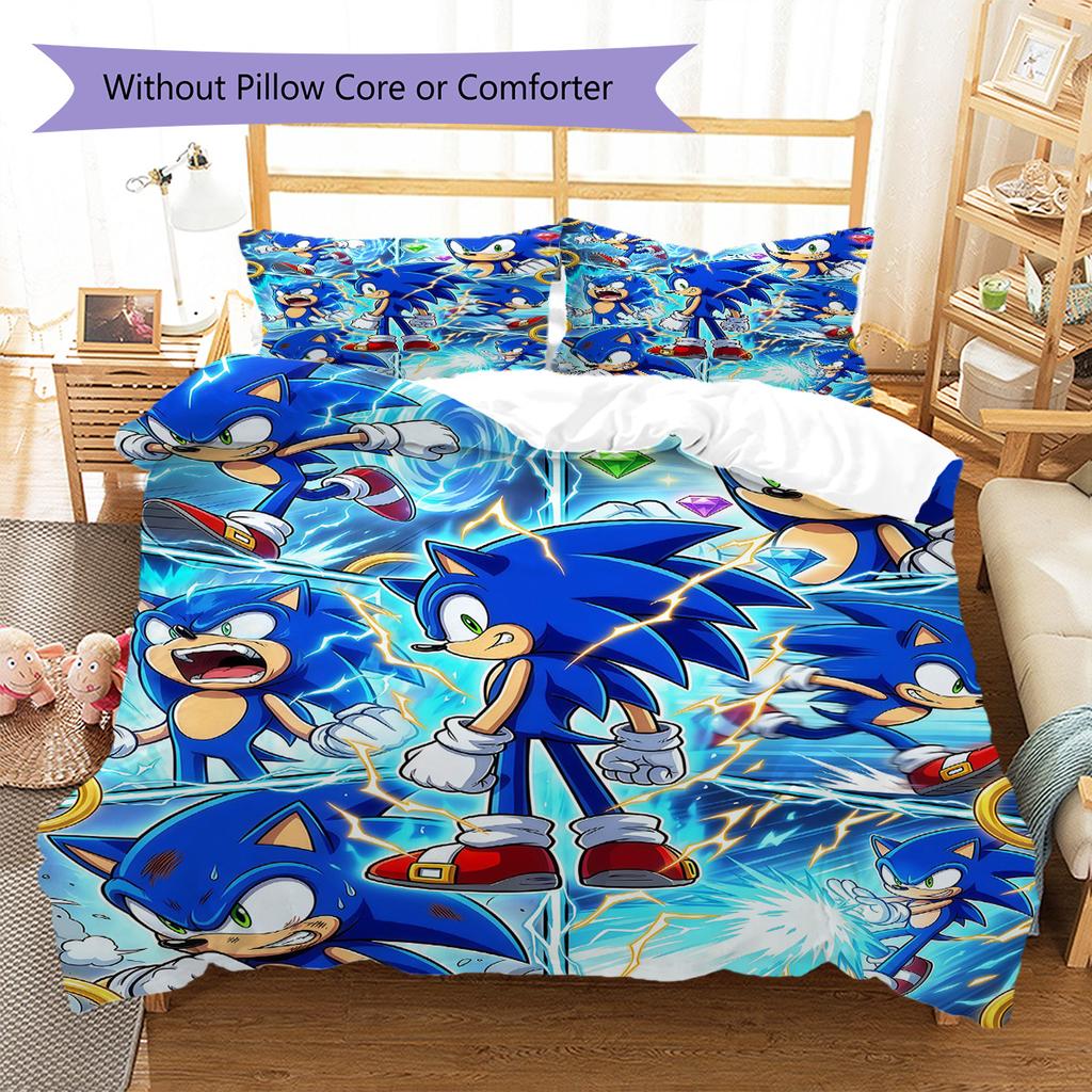 Blue Hedgehog Cartoon Pattern Bedding Set Quilt Cover Pillowcase Home Decor Gift (1 * Duvet Cover + 2 * Pillowcase, Without Core)