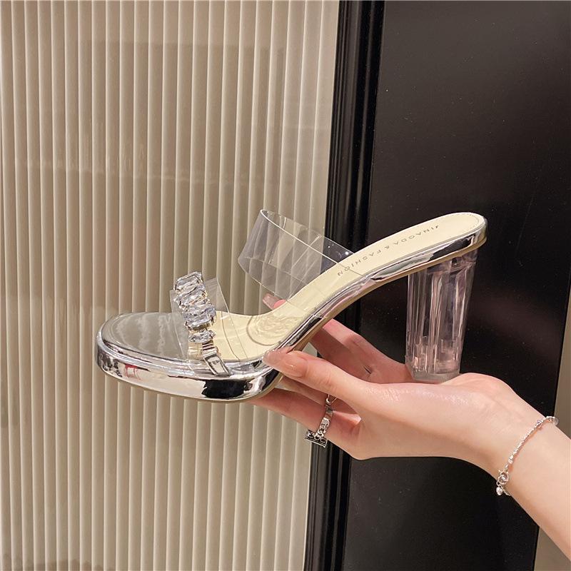 Women's summer outer wear in spring 2025 new transparent rhinestone waterproof table crystal thick heel fairy wind fairy cool slippers