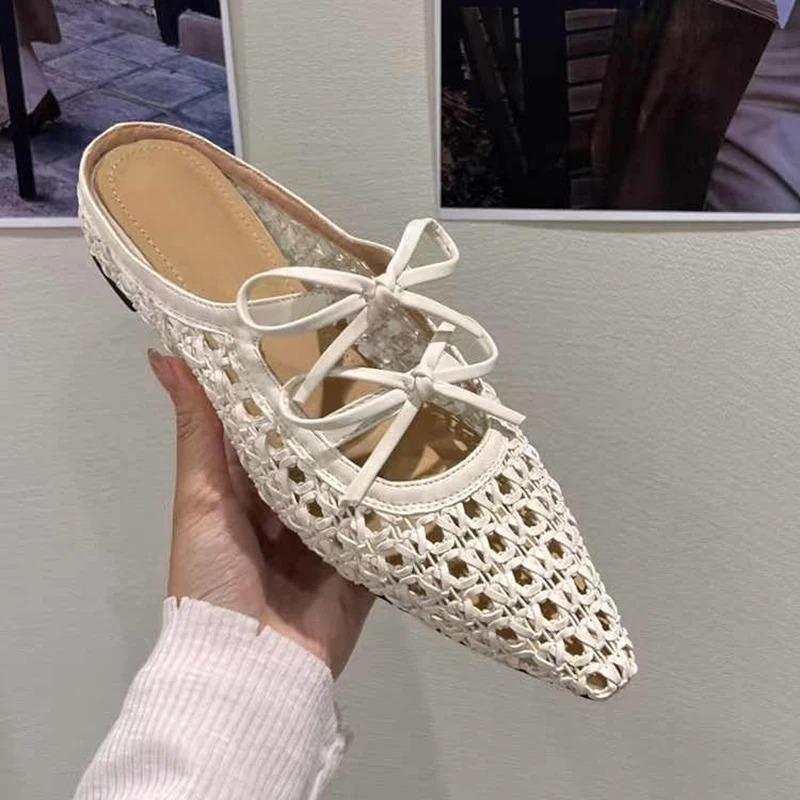 

Fashion Comfortable Hollow Weave Women Mules Slippers Fashion Bow Decorative Brand Slide Sandals Elegant Non-slip Outdoor Beach Sandals 35 бежевый