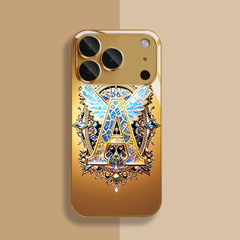 Blue Winged Gilded Letter A Tempered Glass Phone Case For iPhone 18 17 Pro Max 13 12 11 Pro Max 14 15 16 Plus 16E 17 Air Cover