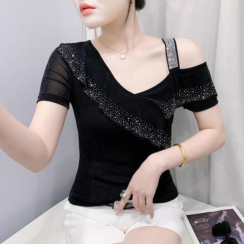 

Женская футболка с оборками, блестящими горячими бриллиантами и сеткой, сексуальная футболка с косым вырезом и открытыми плечами, летние ажурные приталенные топы 3XL чёрный