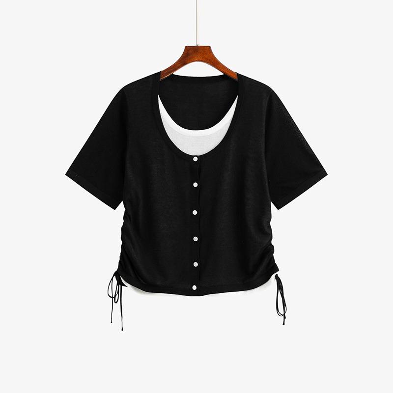 Plus Size Women's Summer Design Sense Fake Two Drawstring Knit Short Sleeved Tops