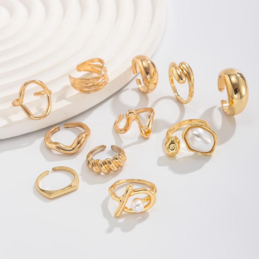 11Pcs/Set Fashion Gold Color Pearl Geometric Open Rings for Women Exaggerated Metal Irregular Adjustable Ring Set Jewelry Gifts