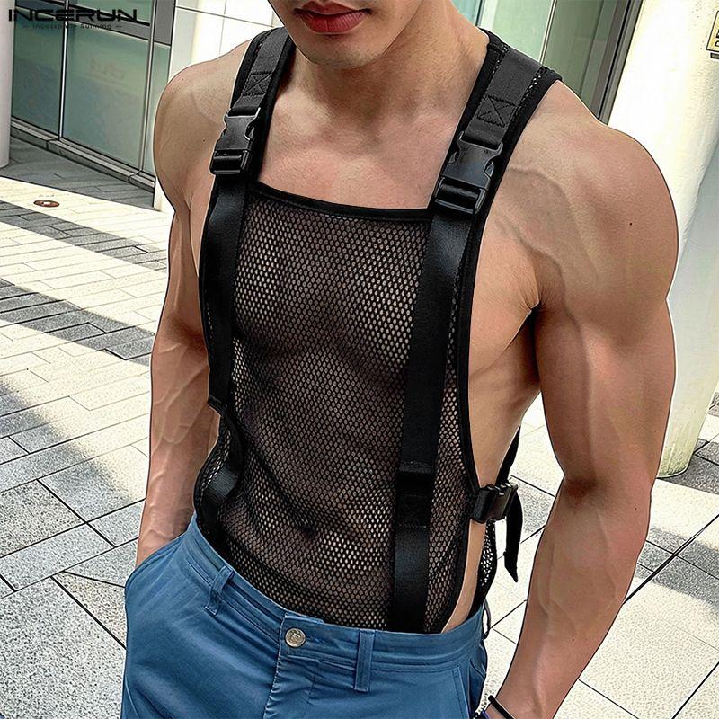 INCERUN Men Summer Sleeveless Mesh See Through Stitching Long Tank Tops