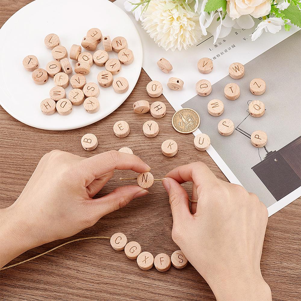 4Sets Wood Beads Flat Round & Letter Letter A~Z 15x8mm Hole: 3mm 26pcs/set