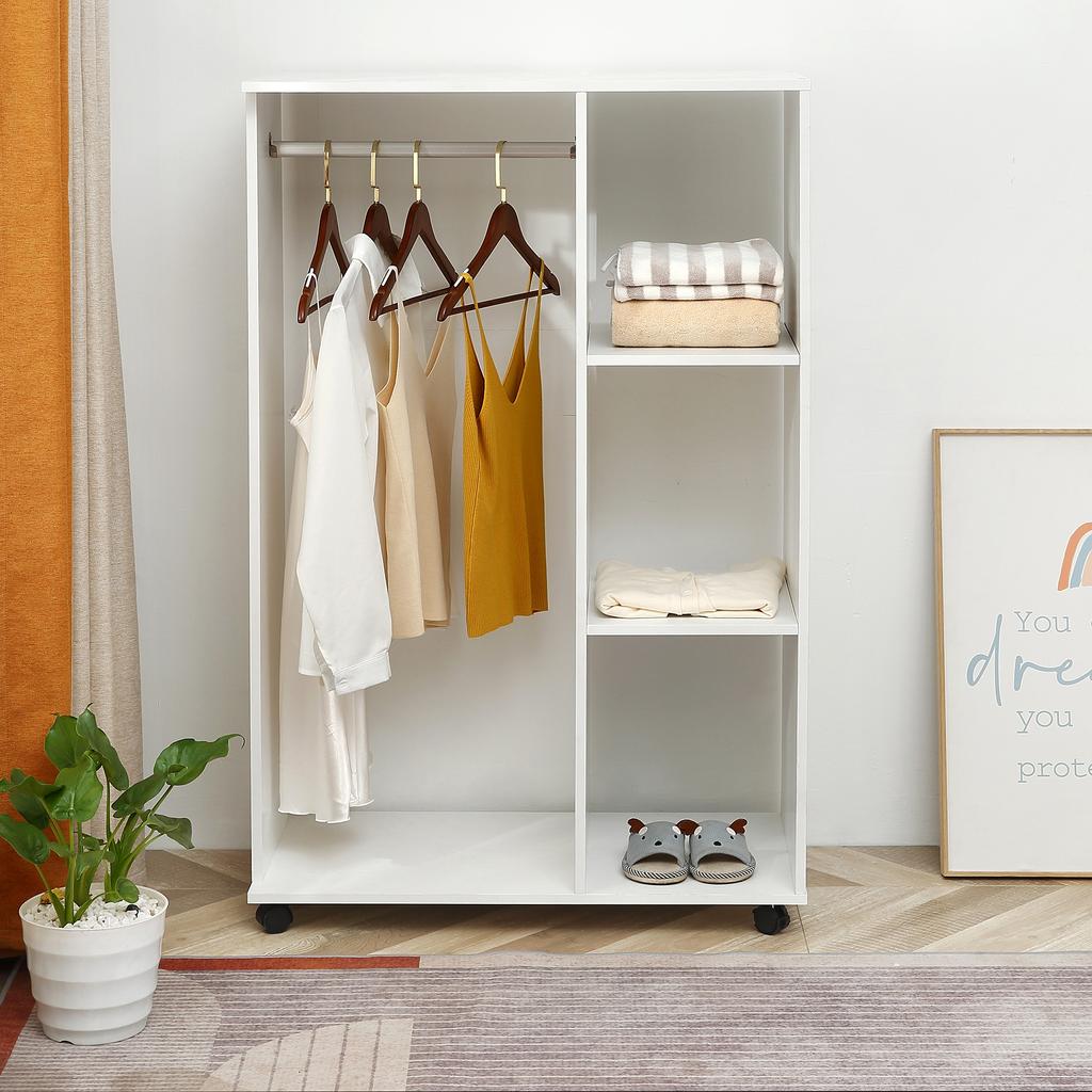 Open Wardrobe On Wheels Bedroom Wardrobe With Clothes Hanging Rail 3 Storage Shelves Mobile Garment Rack For Cloakroom Hallway White