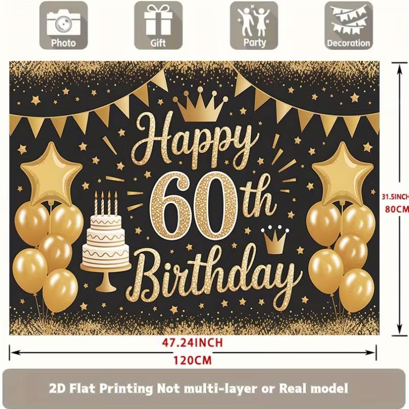 2D Elegant Black Gold Themed 60th Birthday Party Banner with Balloons