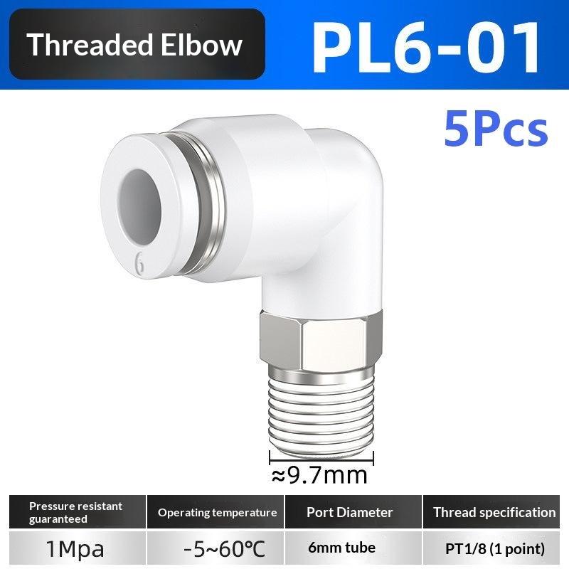 5Pcs 90 Degree Push Fit Copper Air Tube Connector White Industrial Pneumatic Pl6-01/Pl6-02/Pl8-02/Pl8-03/Pl10-03/Pl12-03
