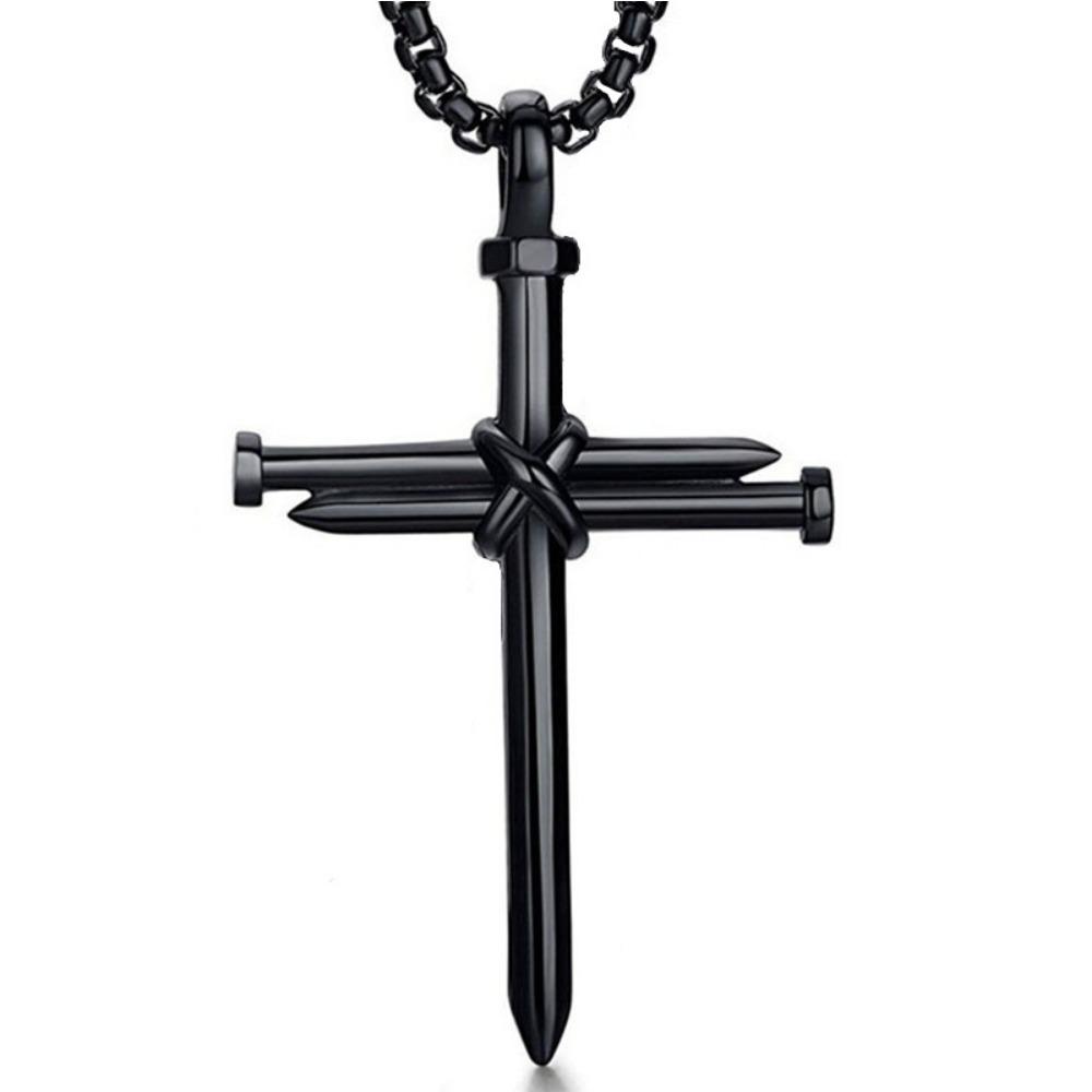 1PC Steel Nail Shaped Cross Pendant Necklace for Boys, Black/Golden/coppery Finish