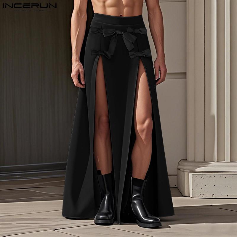 

INCERUN Men High Wasit Side Zip-Up Bow Kont Long Party Splits Kilt Skirts чёрный
