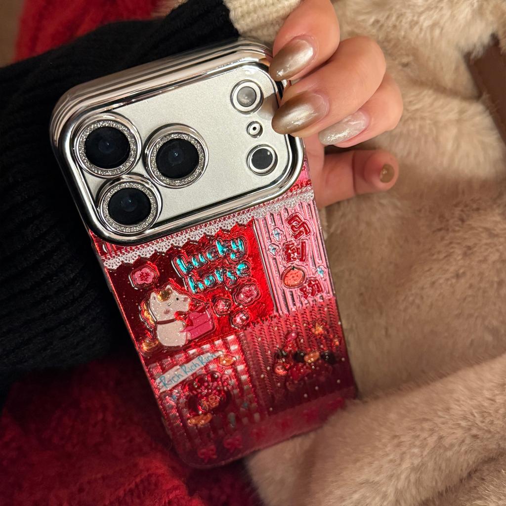 New Year red pony case suitable for Apple 17 Pro Max, iPhone 16 glitter cartoon 13 full cover hard case 15