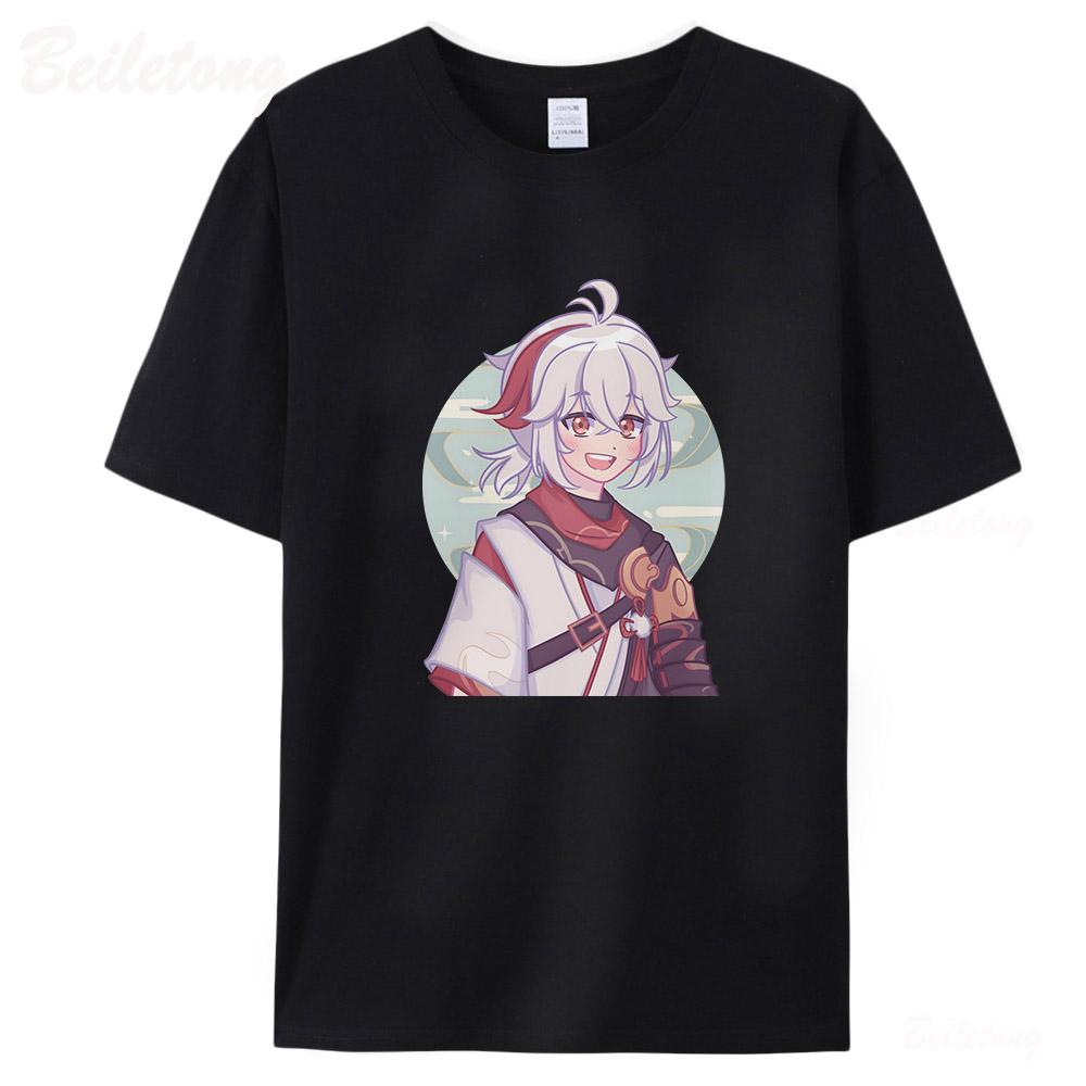 Genshin Impact Kaedehara Kazuha T Shirts Men Women Short Sleeve Unisex Tees100% Cotton Summer Streetwear Print O-Neck Black Tops